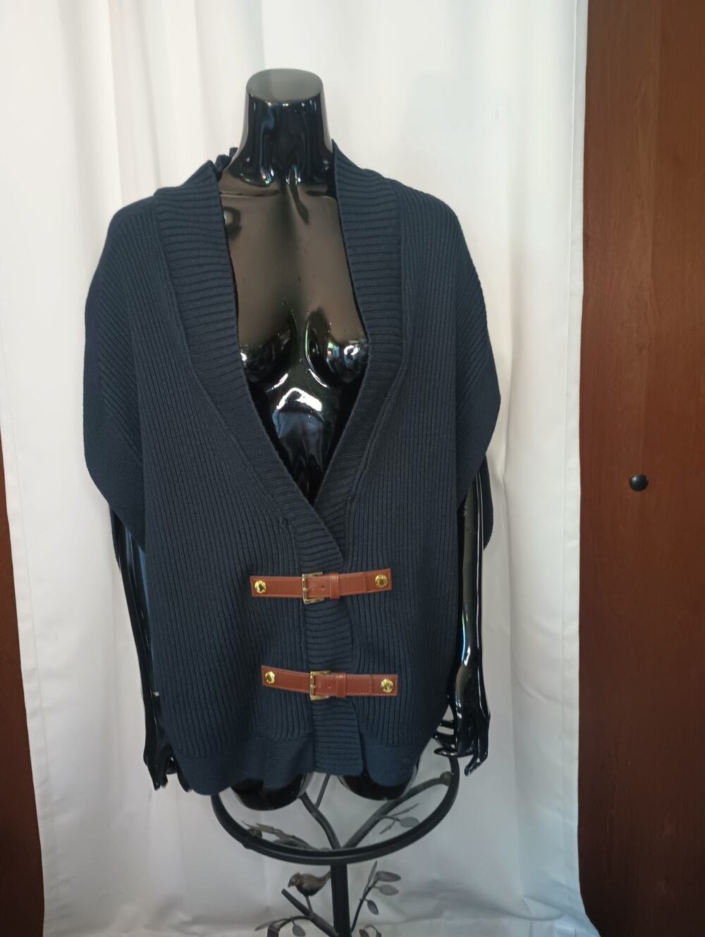 Michael Kors Equestrian Sweater Cape Poncho M Navy Buckle Academia Old Money